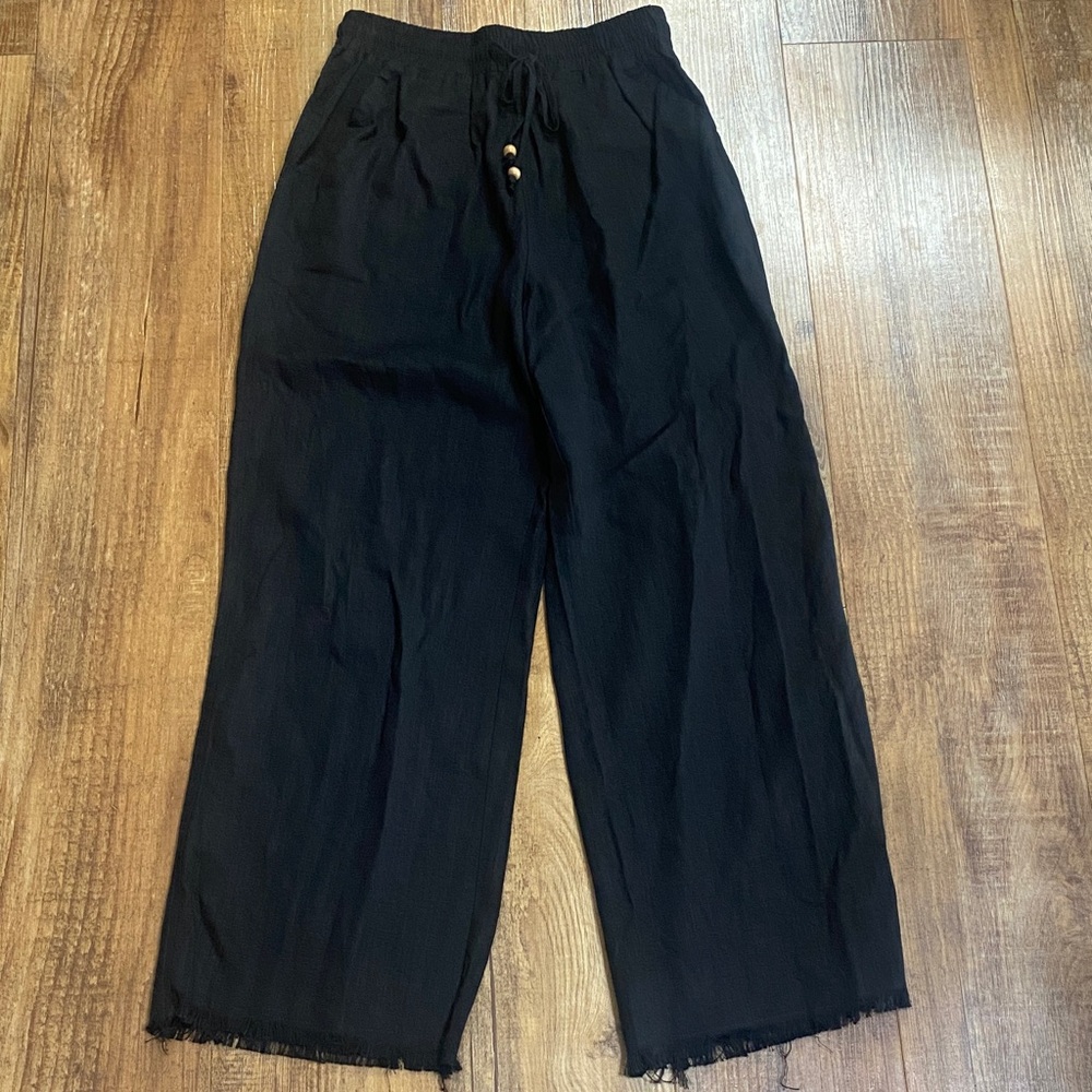 Black linen Wide-Leg Pants with frayed hemline size small